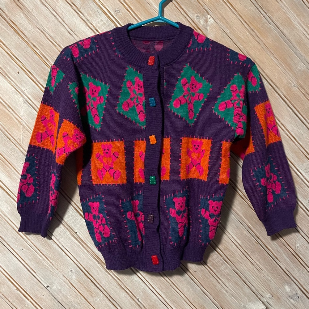 Handmade knit gummy bear colourful button down custom sweater wool kids youth